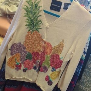 Michael Simon Cream Cardigan with Colorful Fruit Design
